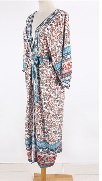Retro Ditsy Floral Belted Long Kimono - Flower - 4