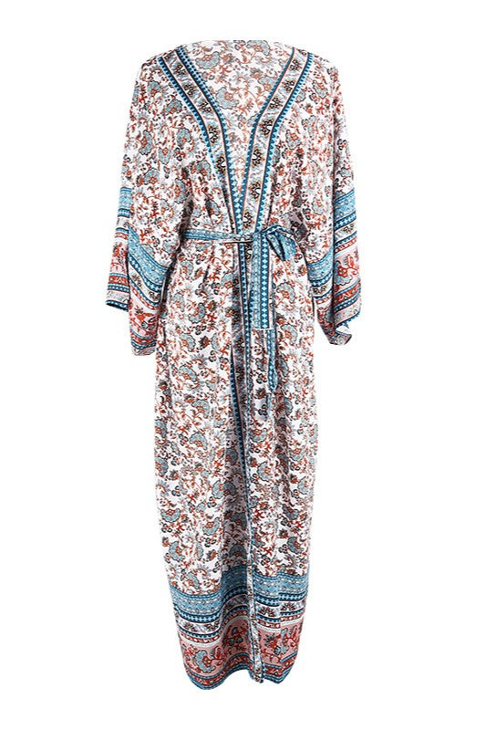 Retro Ditsy Floral Belted Long Kimono - Flower - 5