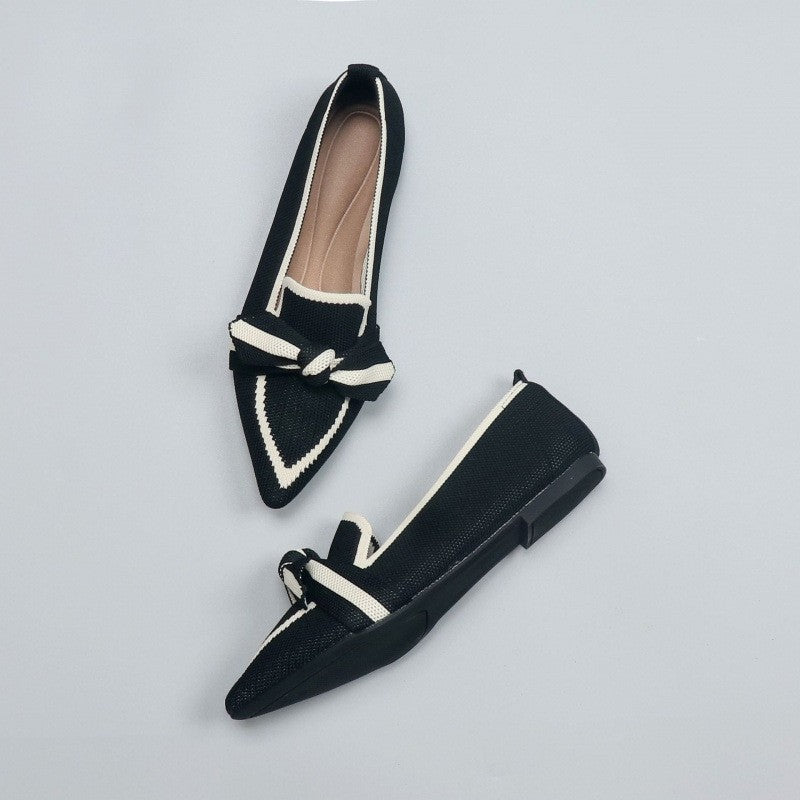 Pointed Toe Knit Flats with Bow Detail - Black