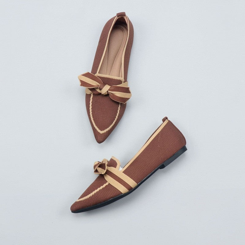 Pointed Toe Knit Flats with Bow Detail - Brown