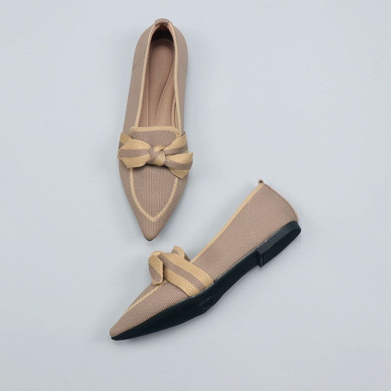 Pointed Toe Knit Flats with Bow Detail - Camel