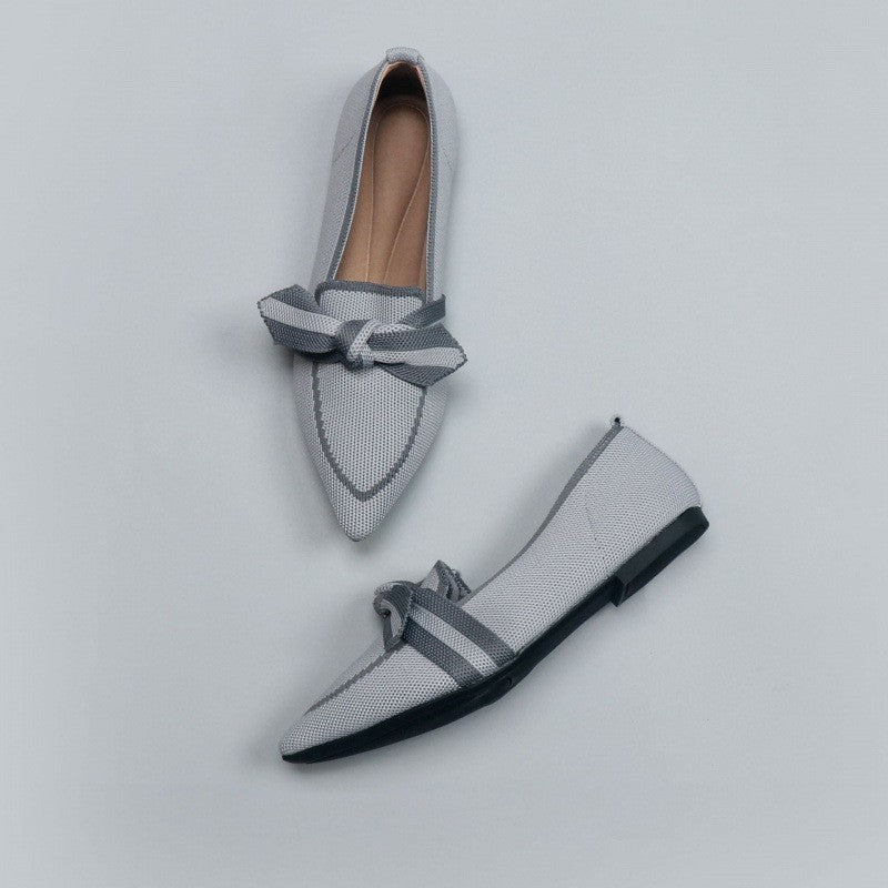 Pointed Toe Knit Flats with Bow Detail - Gray