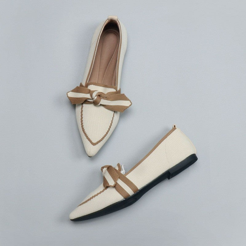 Pointed Toe Knit Flats with Bow Detail