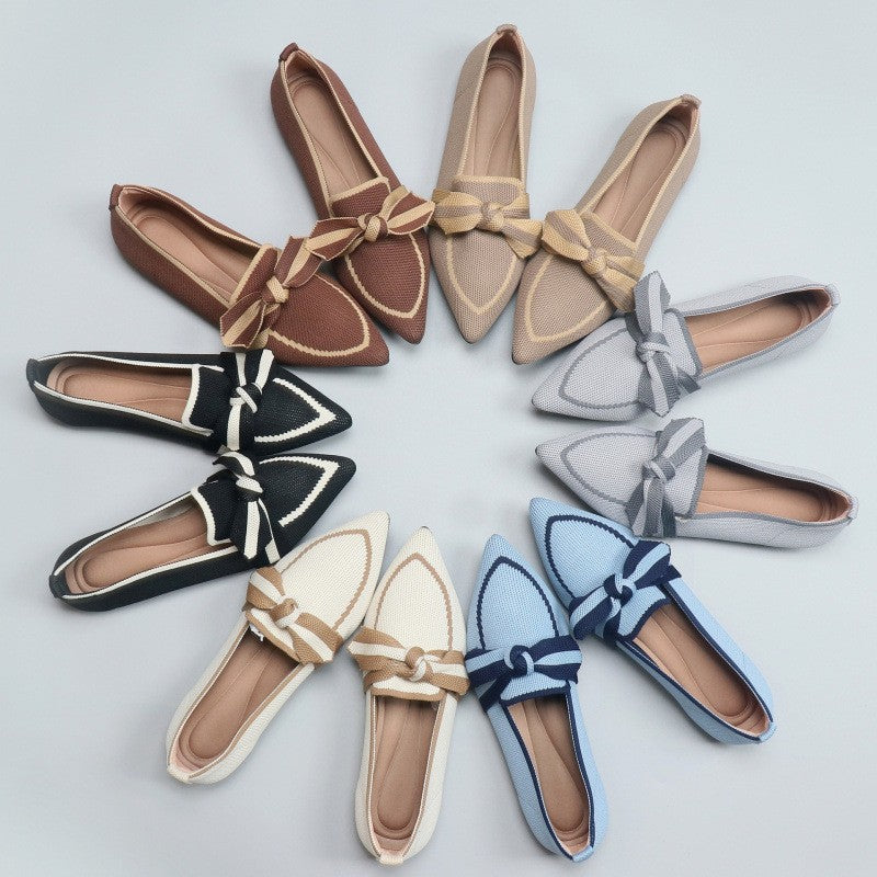 Pointed Toe Knit Flats with Bow Detail