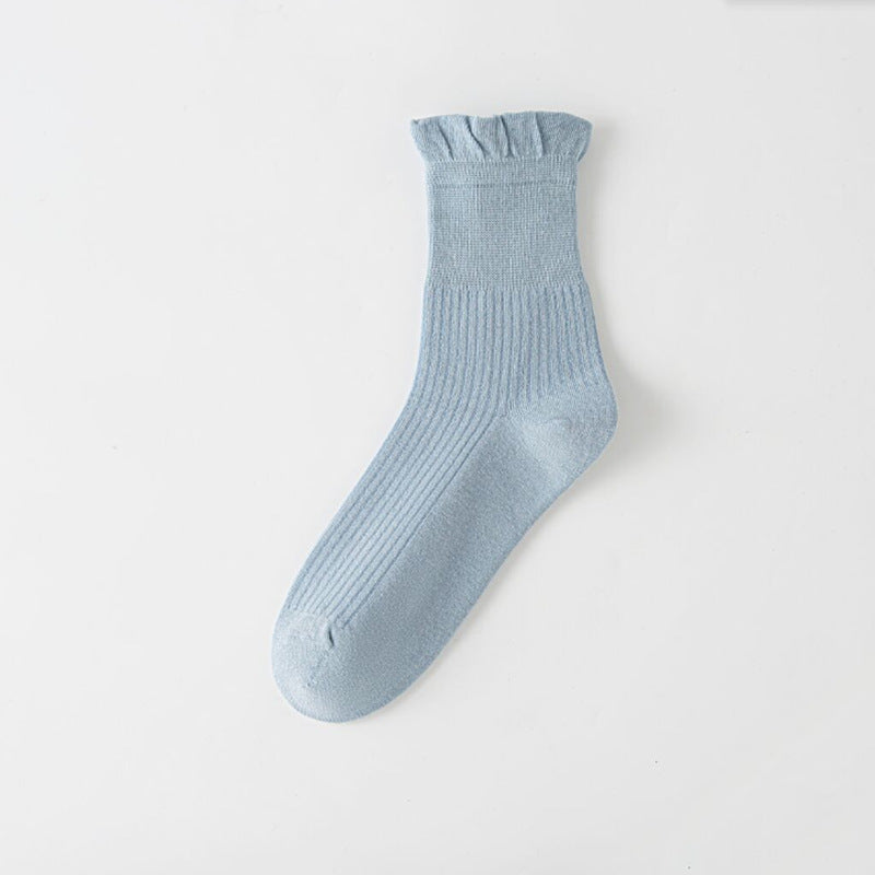 Ruffle Lettuce Cuff Ribbed Ankle Socks - Blue