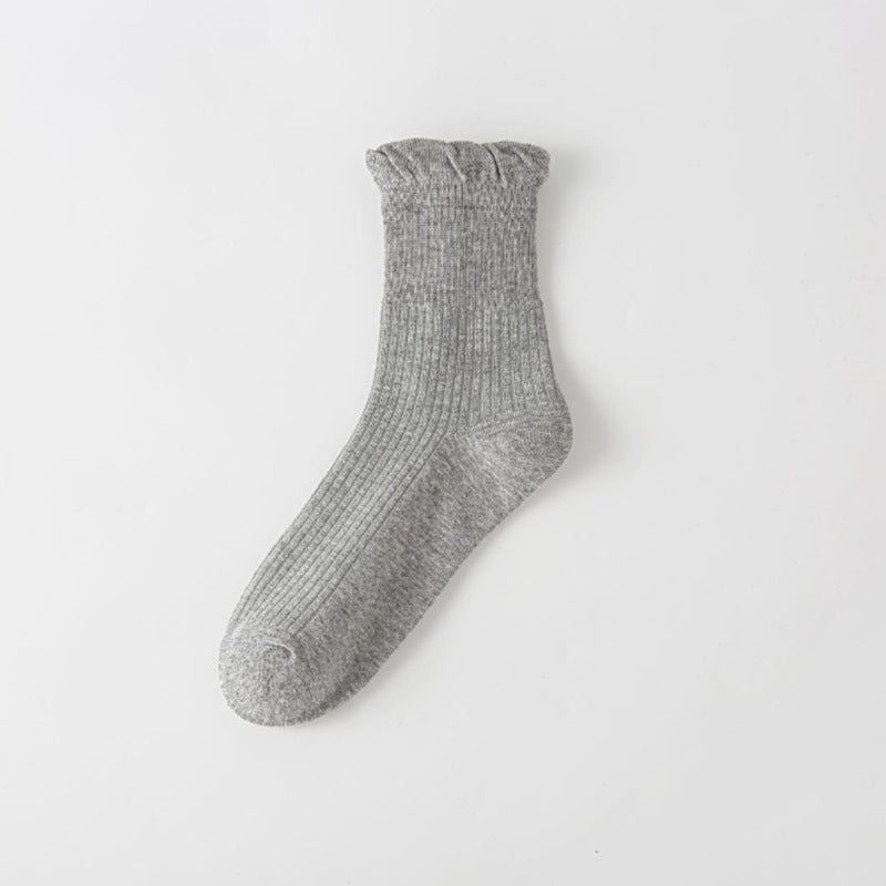 Ruffle Lettuce Cuff Ribbed Ankle Socks - Grey