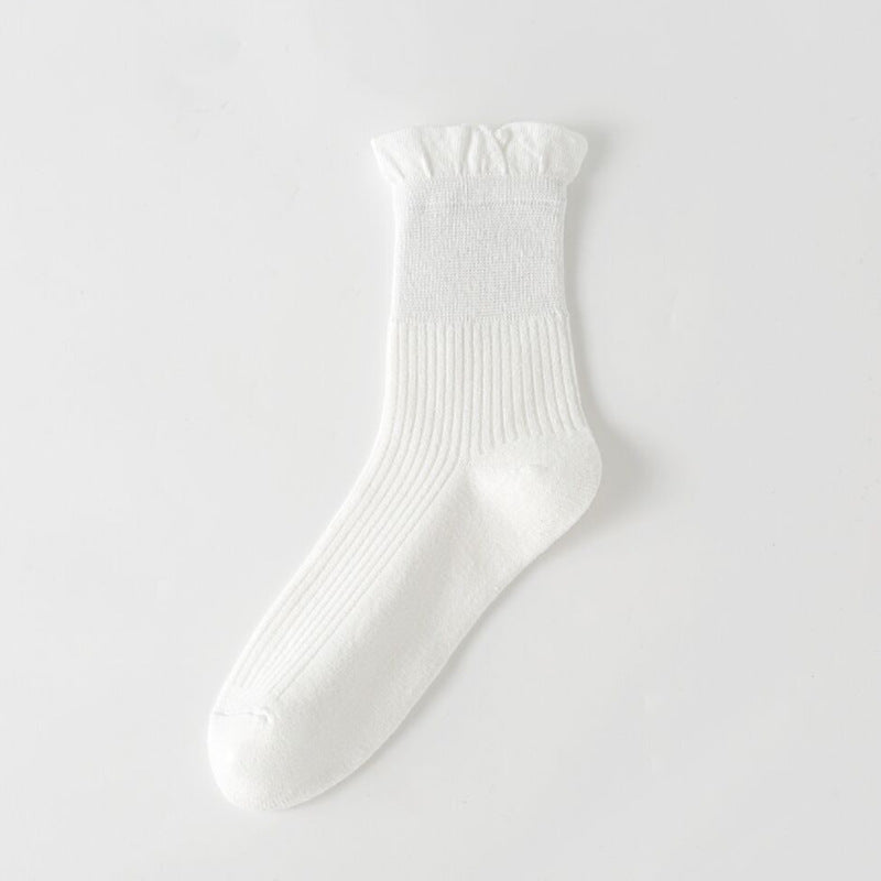 Ruffle Lettuce Cuff Ribbed Ankle Socks - White - 1