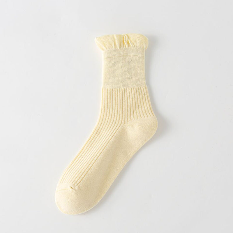 Ruffle Lettuce Cuff Ribbed Ankle Socks - Yellow