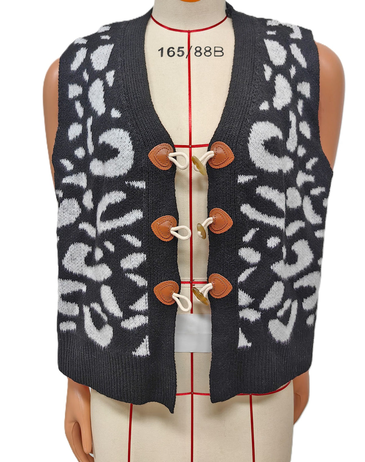 Leopard Knit Sweater Vest with Toggle Clasps - Black