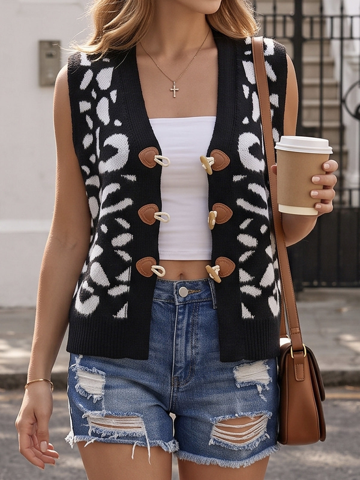 Leopard Knit Sweater Vest with Toggle Clasps - Black - 1