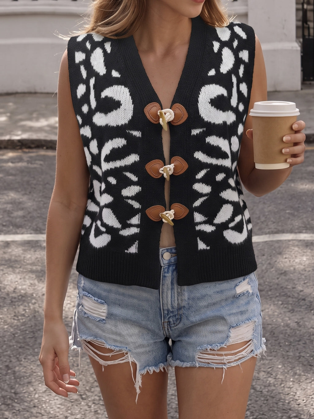 Leopard Knit Sweater Vest with Toggle Clasps - Black - 2