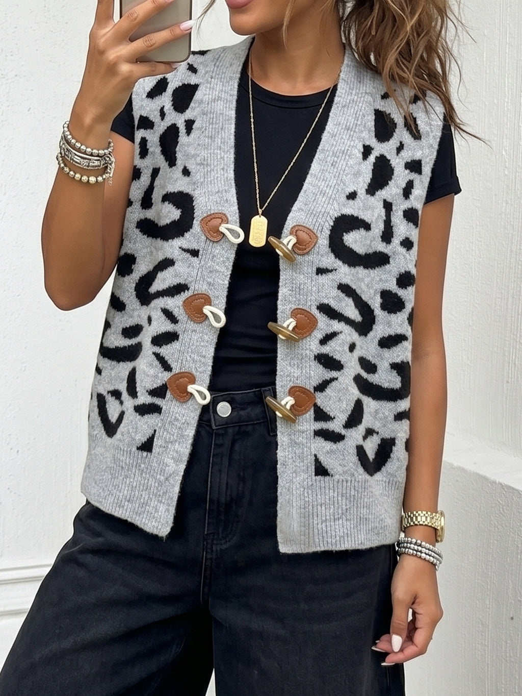 Leopard Knit Sweater Vest with Toggle Clasps - Grey