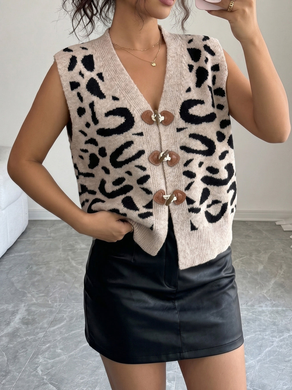 Leopard Knit Sweater Vest with Toggle Clasps - Khaki