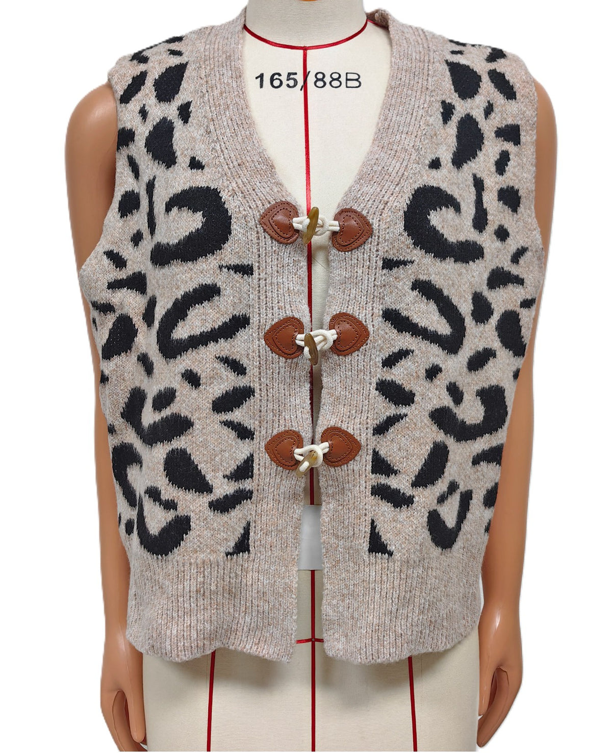 Leopard Knit Sweater Vest with Toggle Clasps - Khaki - 1