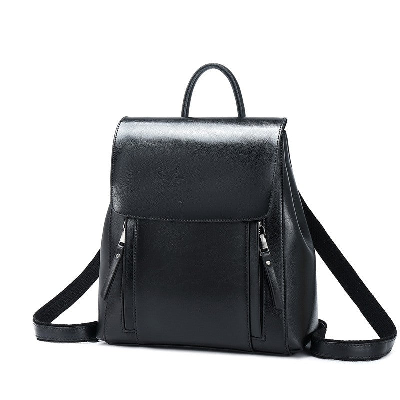 Vintage Oil Wax Leather Flap Backpack - Black