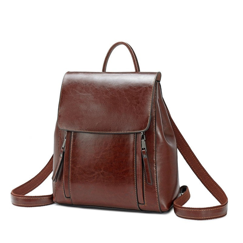 Vintage Oil Wax Leather Flap Backpack - Coffee