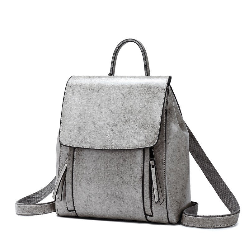 Vintage Oil Wax Leather Flap Backpack - Gray