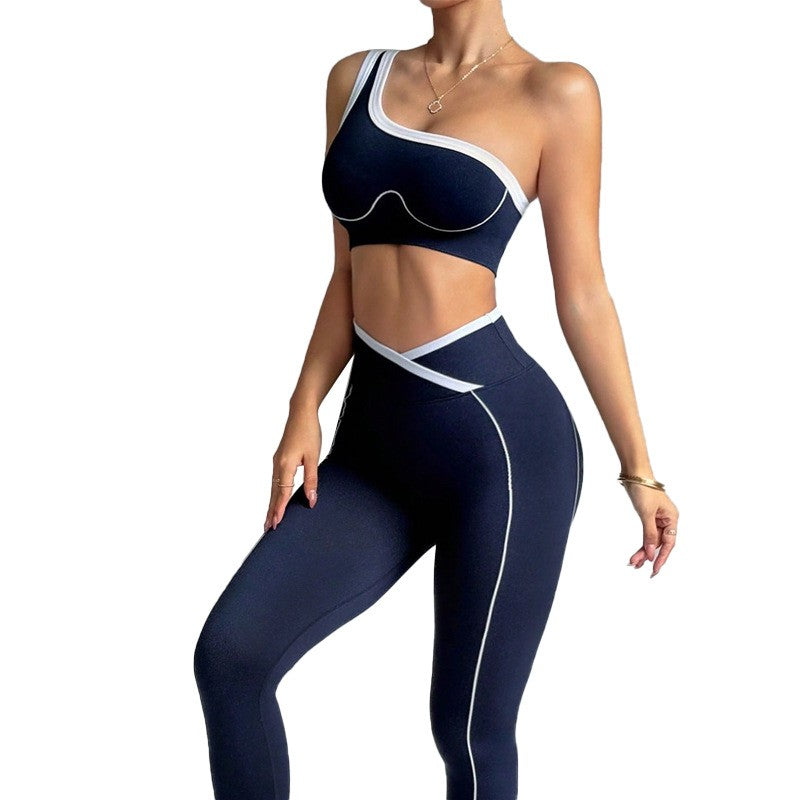 One Shoulder Contrast Trim Crossover Yoga Leggings Set