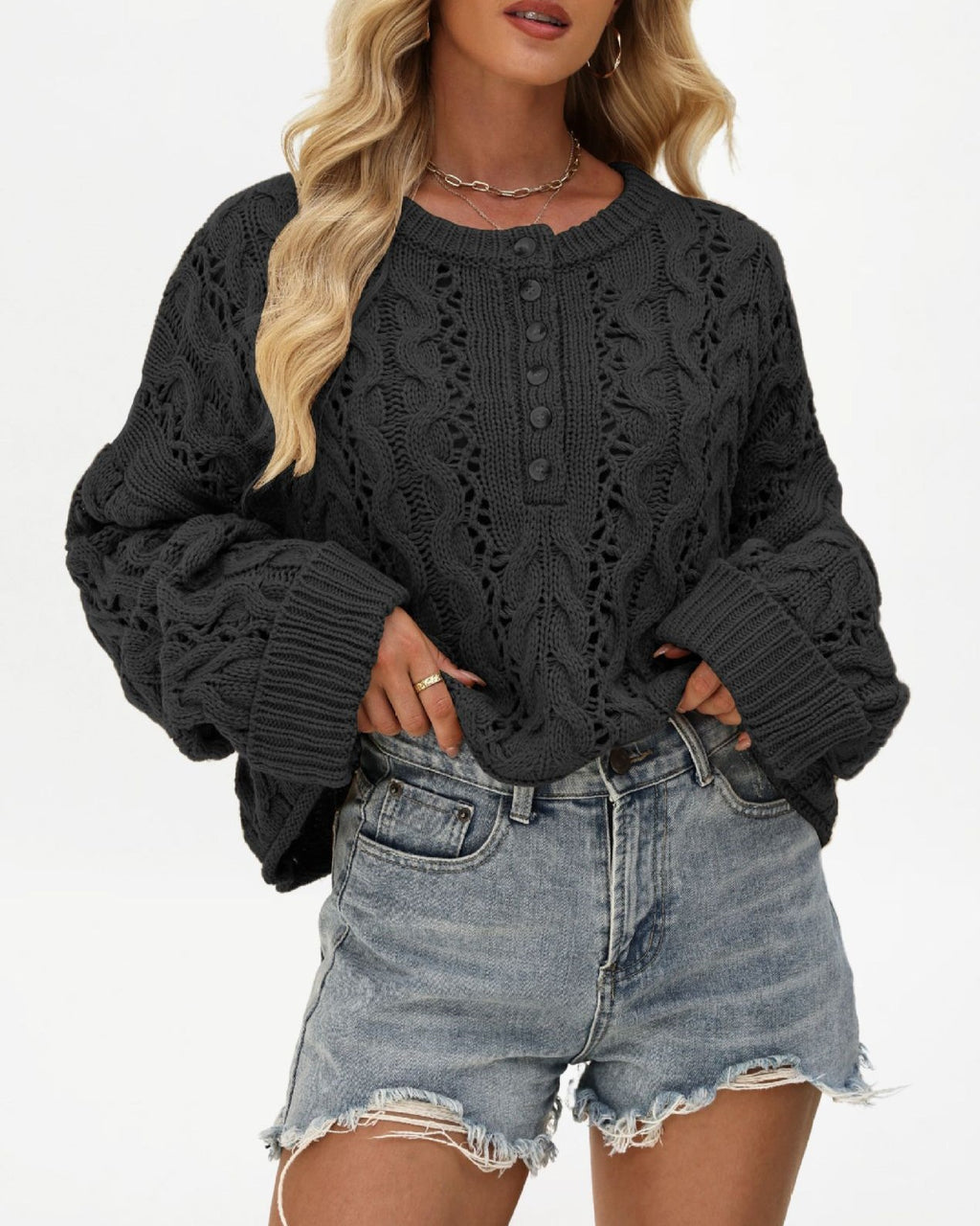 Slouchy Pointelle Knit Henley Sweater - Black