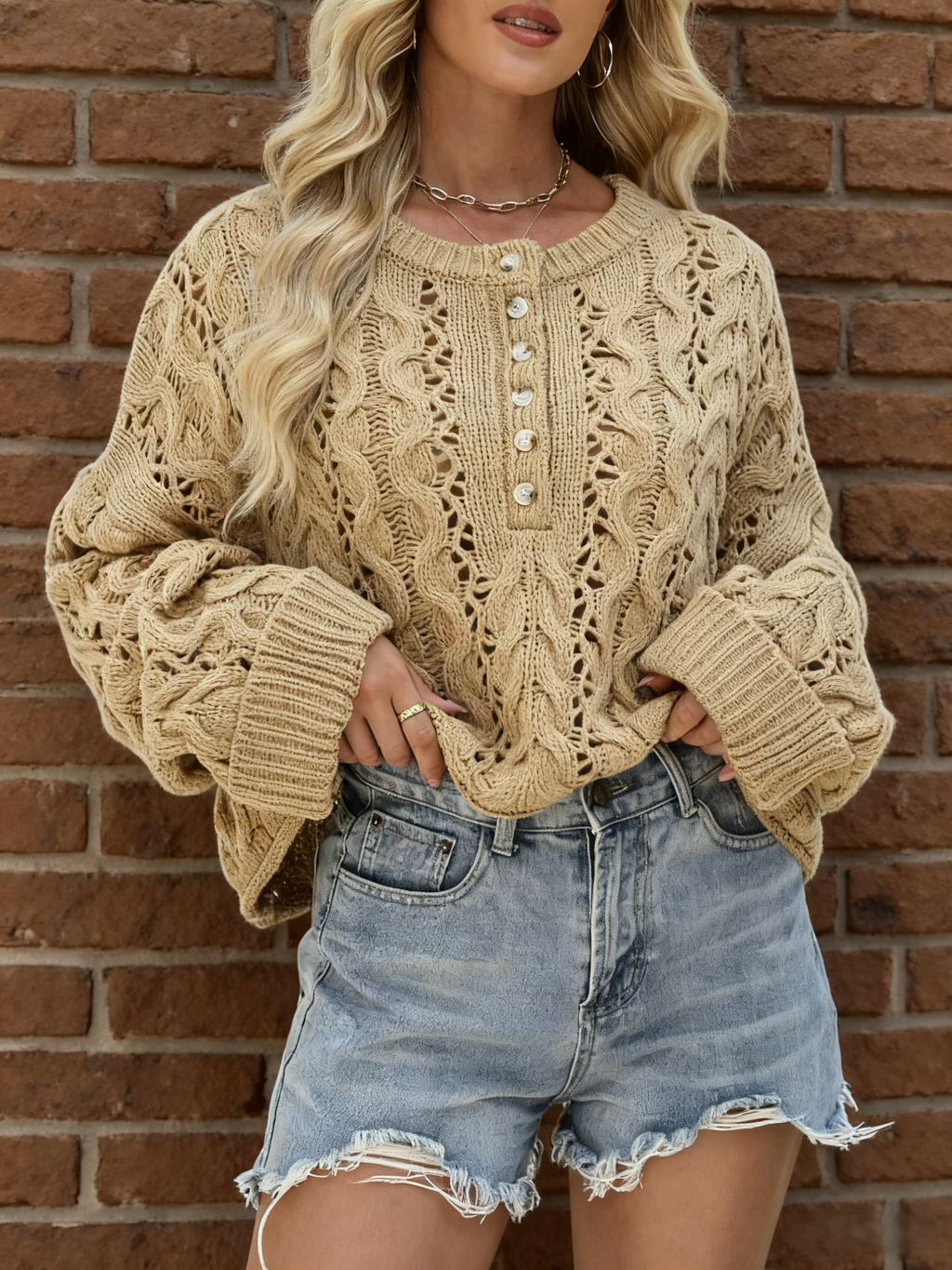 Slouchy Pointelle Knit Henley Sweater - Khaki