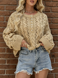 Slouchy Pointelle Knit Henley Sweater - Khaki