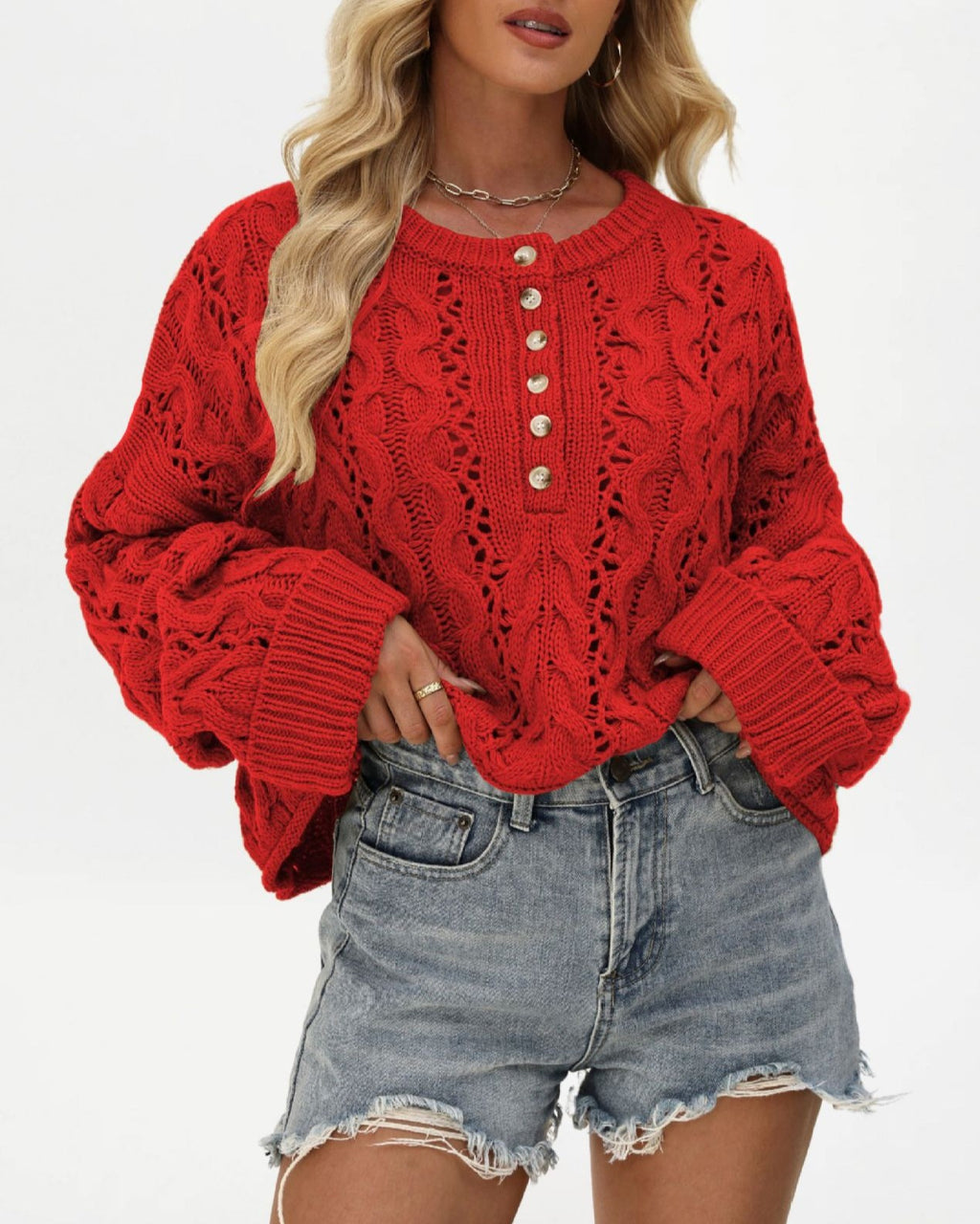 Slouchy Pointelle Knit Henley Sweater - Red