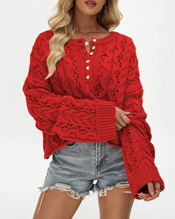 Slouchy Pointelle Knit Henley Sweater - Red - 1