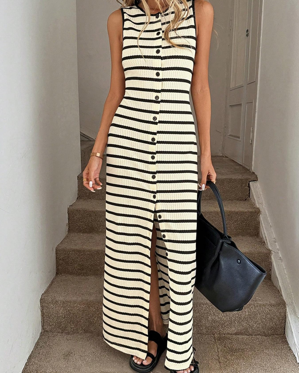 Ribbed Stripe Knit Maxi Dress With Slit - Off-White