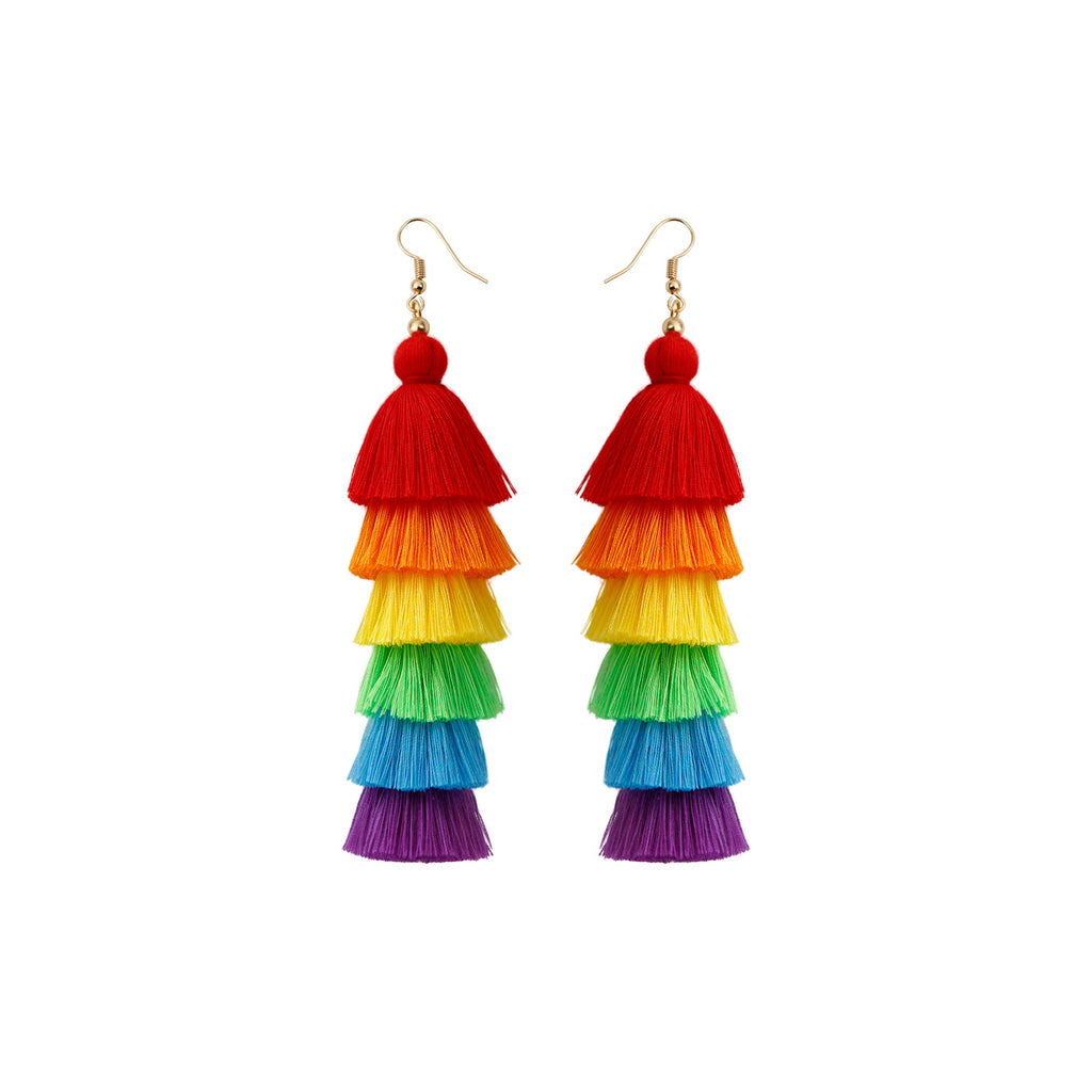 Boho Tiered Fringe Tassel Drop Earrings - Rainbow