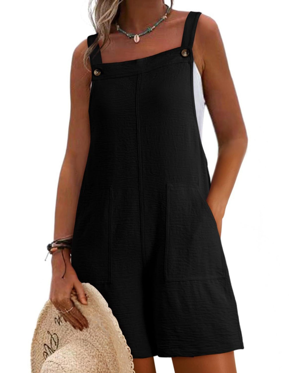 Textured Bib Overalls Shorts With Pockets - Black