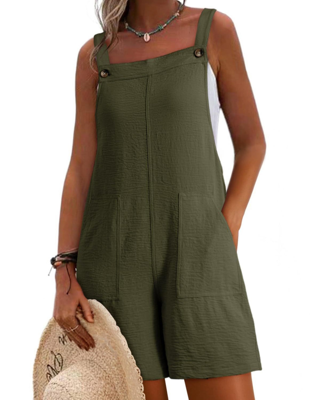 Textured Bib Overalls Shorts With Pockets - MGreen