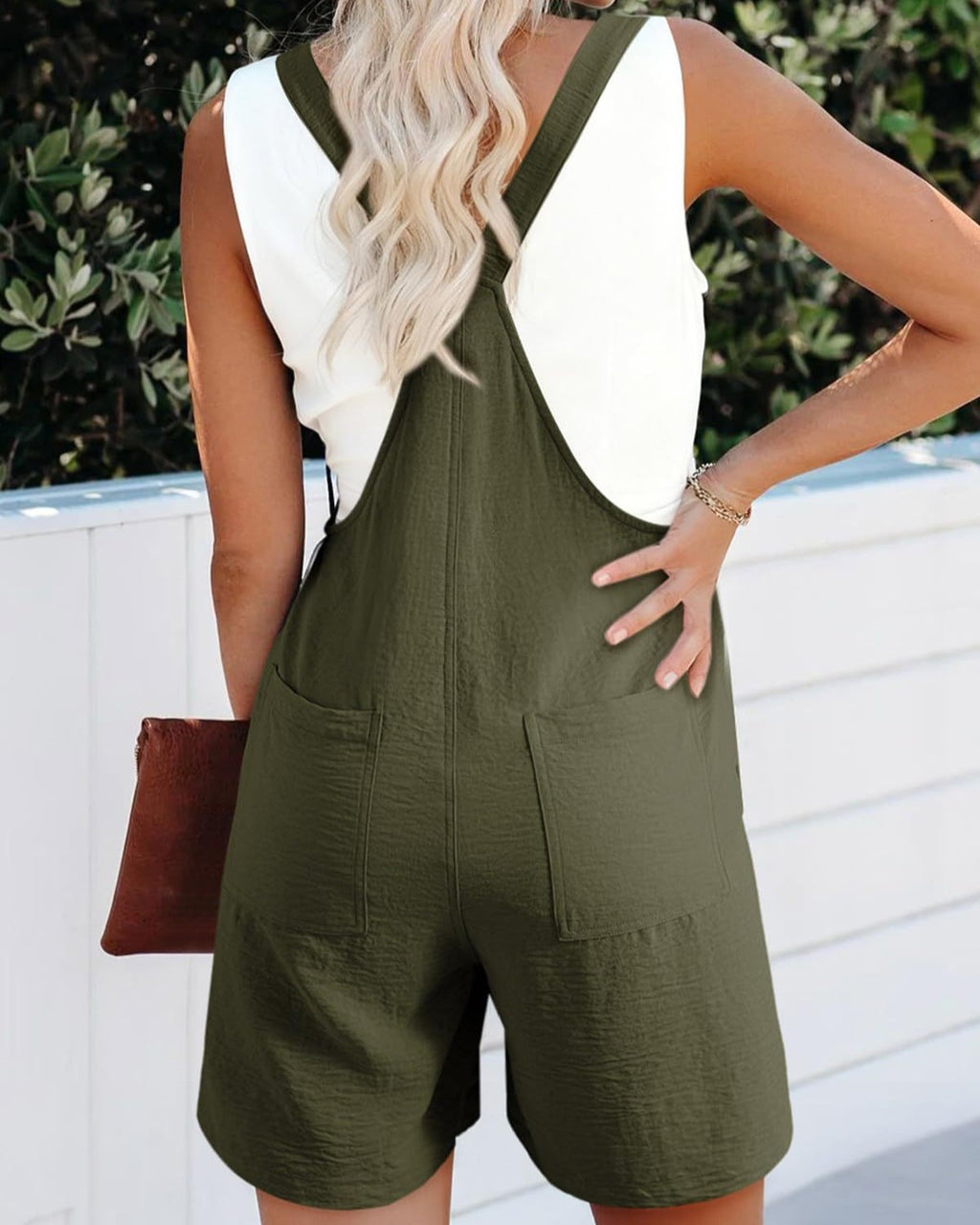 Textured Bib Overalls Shorts With Pockets - MGreen - 1