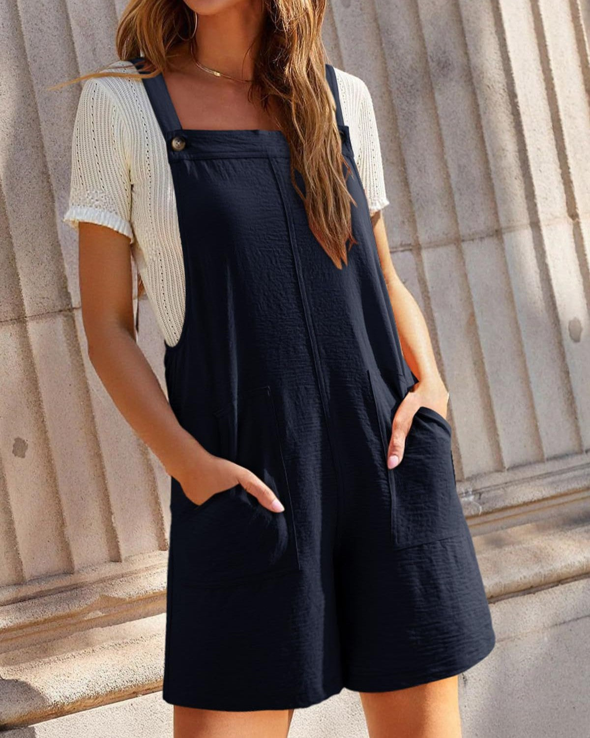 Textured Bib Overalls Shorts With Pockets - Navy-Blue