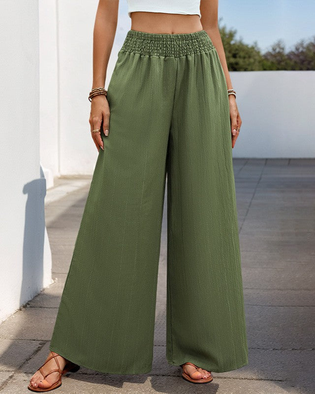 Smocked Waist Wide Leg Palazzo Pants - Green