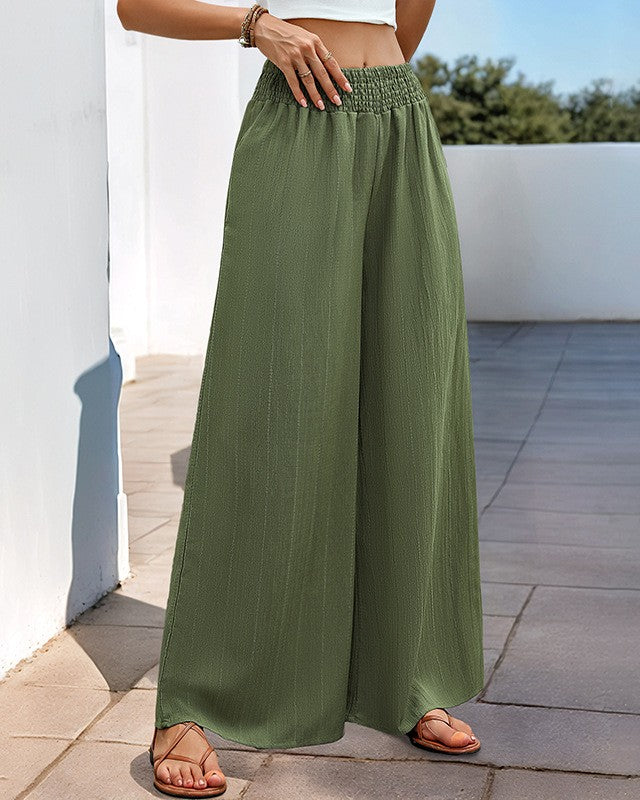 Smocked Waist Wide Leg Palazzo Pants - Green - 1