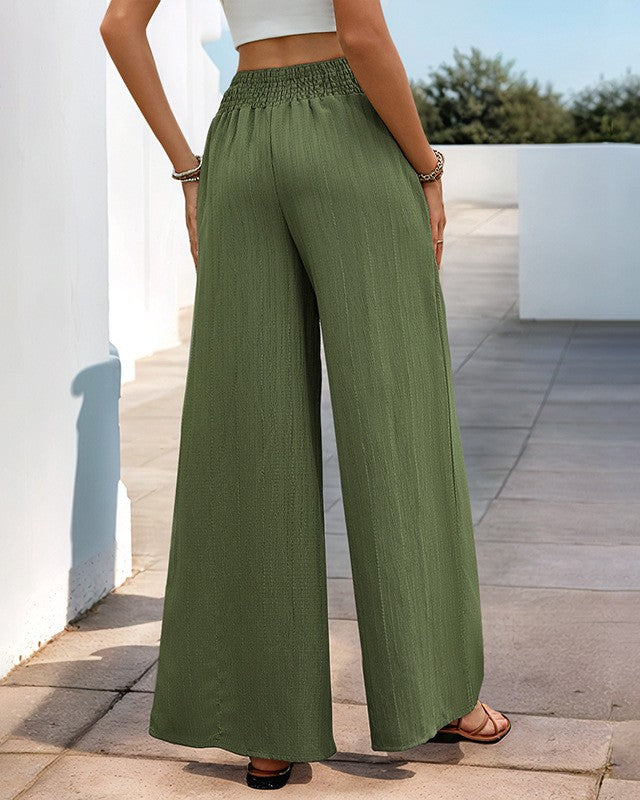 Smocked Waist Wide Leg Palazzo Pants - Green - 3