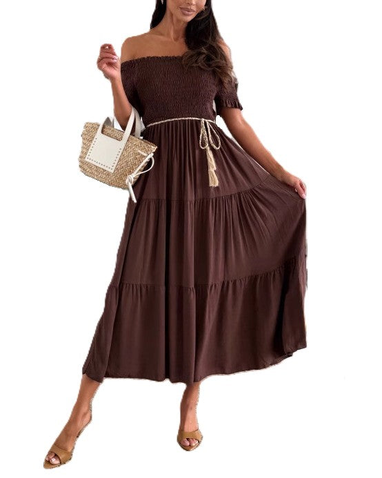 Smocked Off Shoulder Tiered Maxi Dress - Coffee