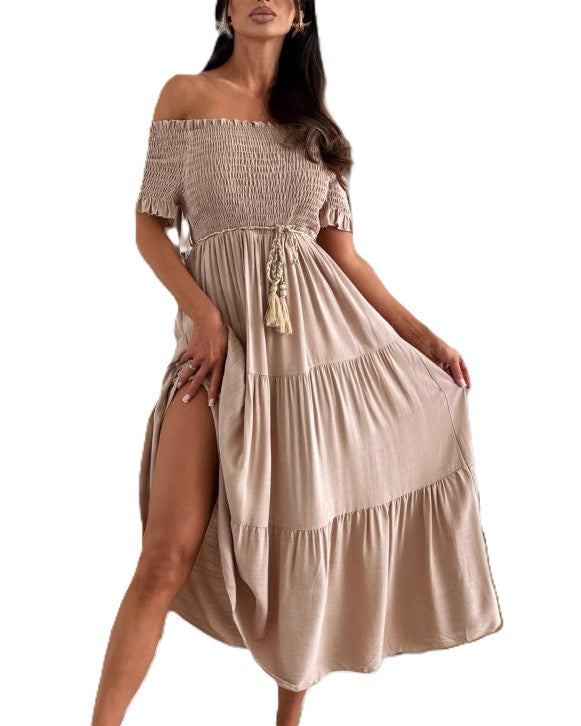 Smocked Off Shoulder Tiered Maxi Dress - Khaki