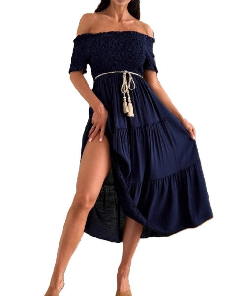 Smocked Off Shoulder Tiered Maxi Dress - Navy-Blue