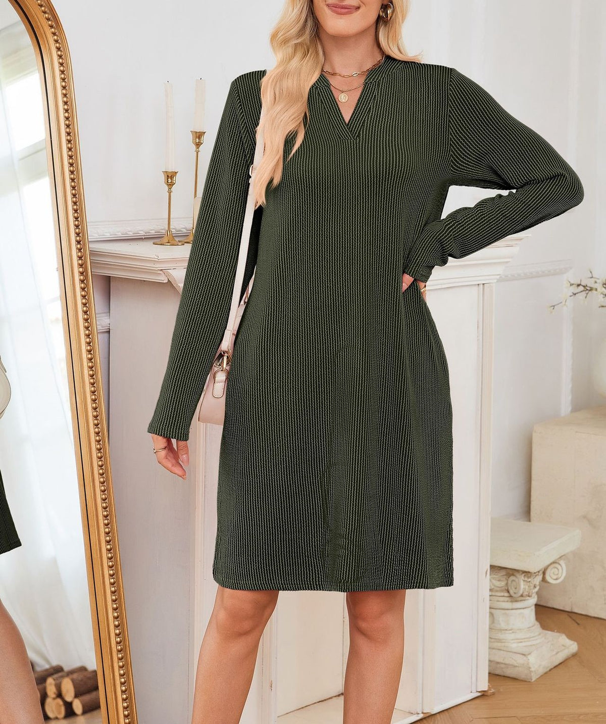 Split Neck Long Sleeve Pocket Shift Dress - Green