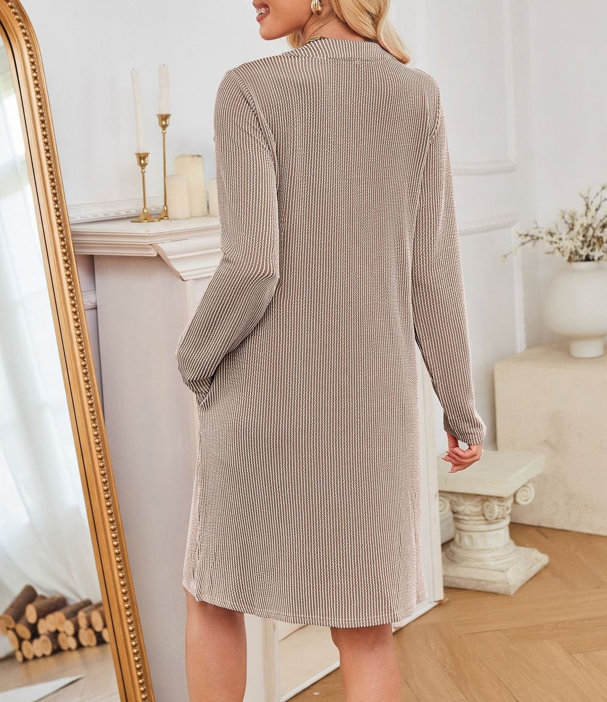 Split Neck Long Sleeve Pocket Shift Dress - Khaki - 1
