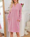 Split Neck Long Sleeve Pocket Shift Dress - Pink