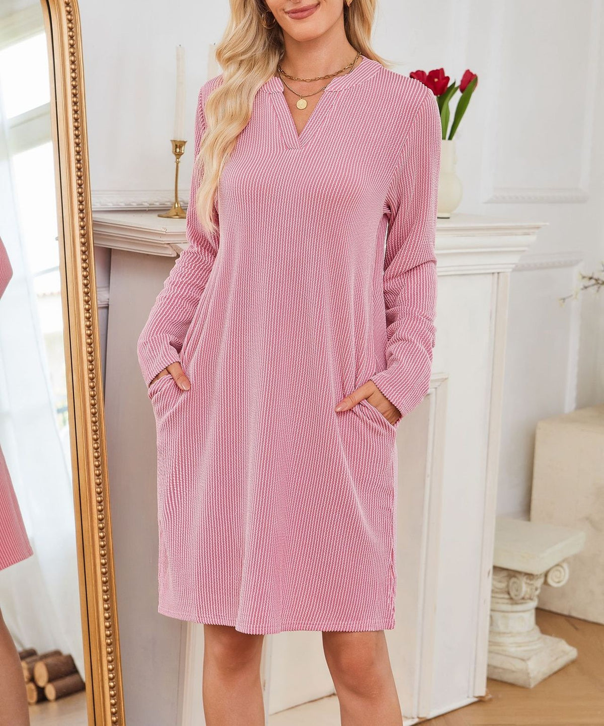 Split Neck Long Sleeve Pocket Shift Dress - Pink