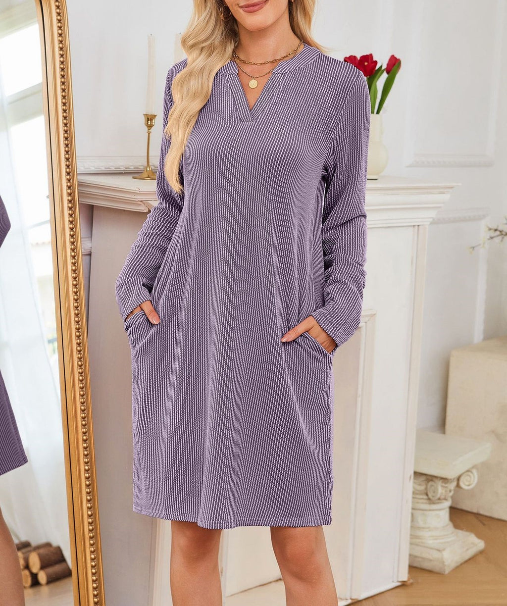 Split Neck Long Sleeve Pocket Shift Dress - Purple
