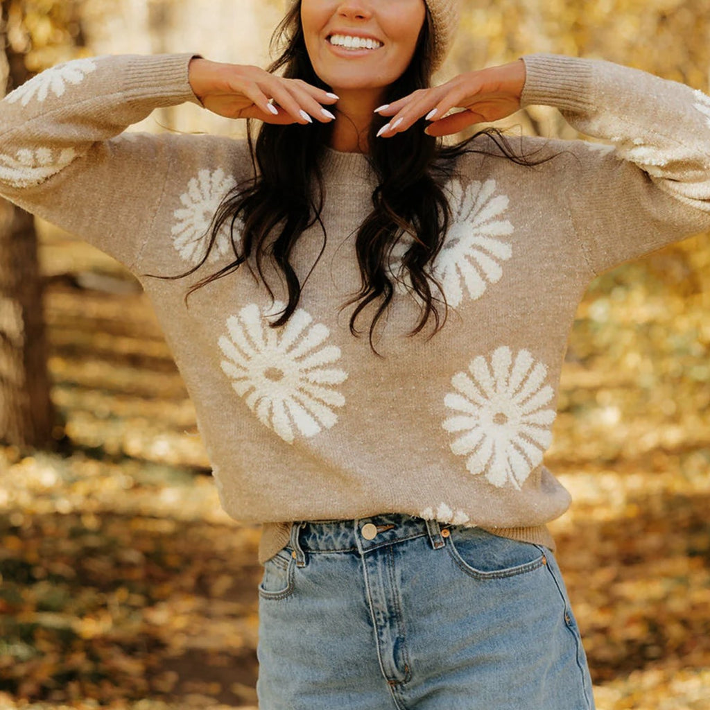 Daisy Floral Jacquard Knit Sweater - Khaki
