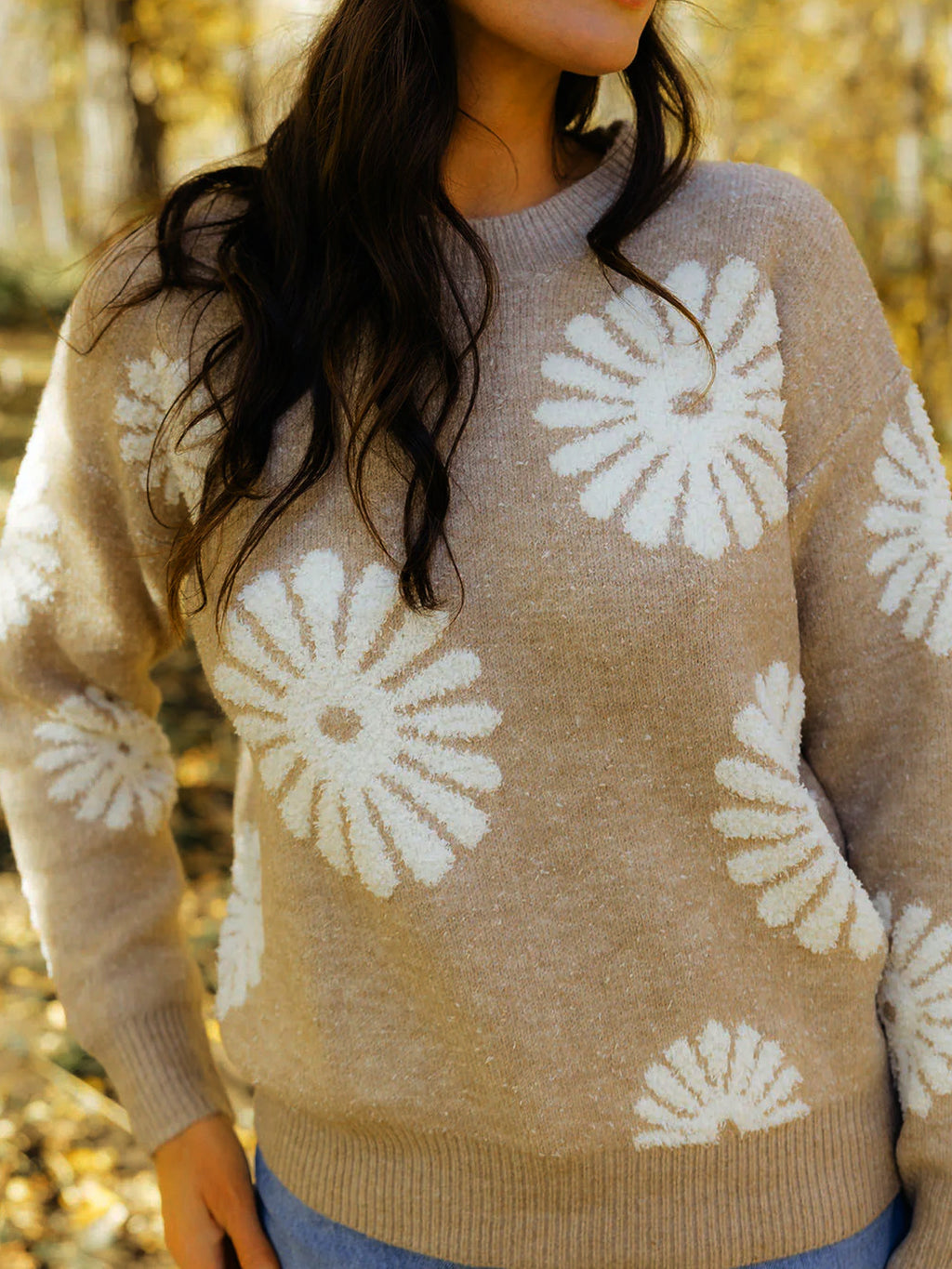 Daisy Floral Jacquard Knit Sweater - Khaki - 1