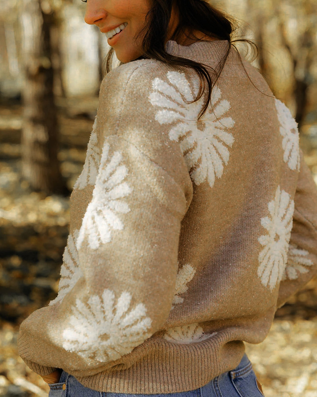 Daisy Floral Jacquard Knit Sweater - Khaki - 3