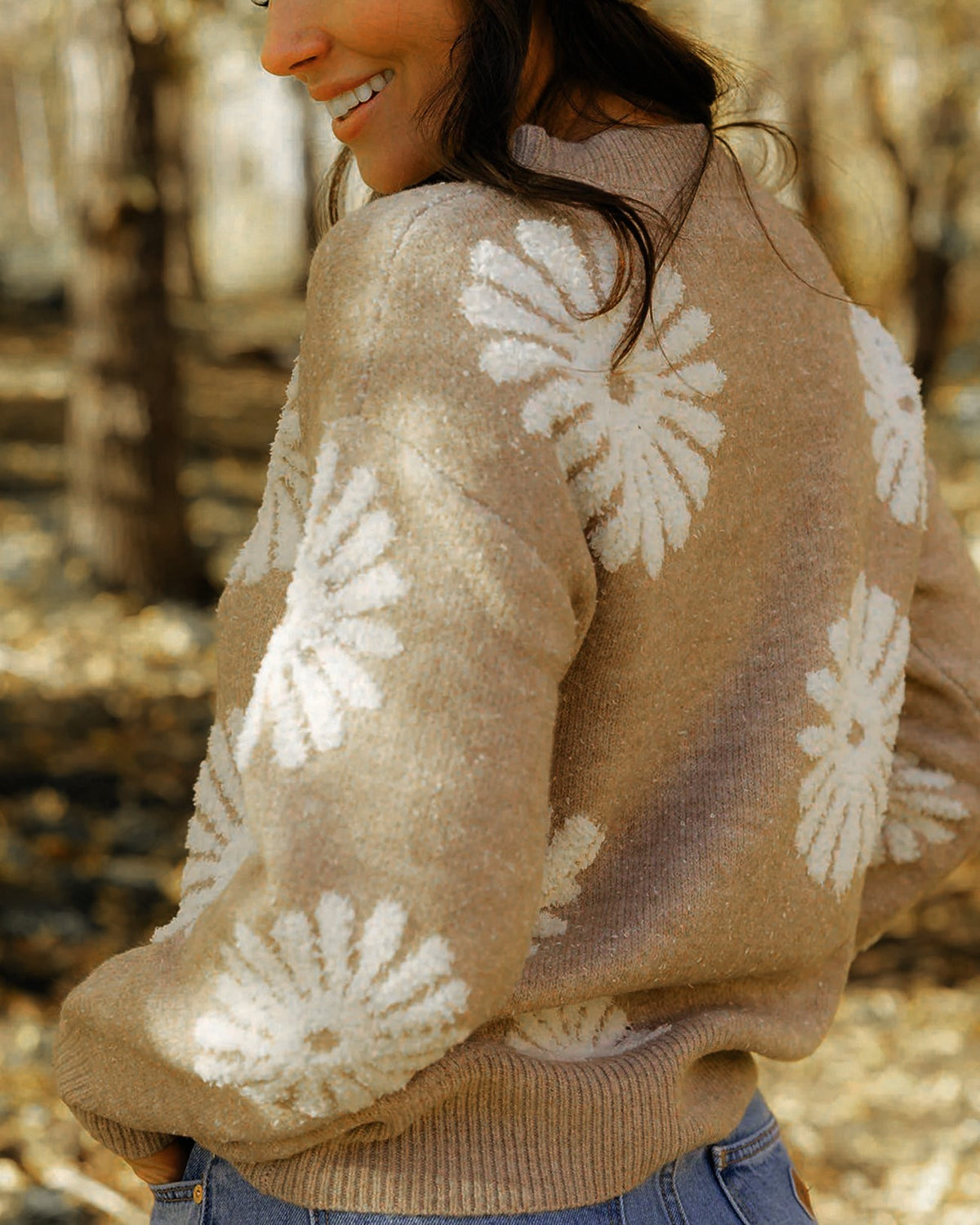 Daisy Floral Jacquard Knit Sweater - Khaki - 3