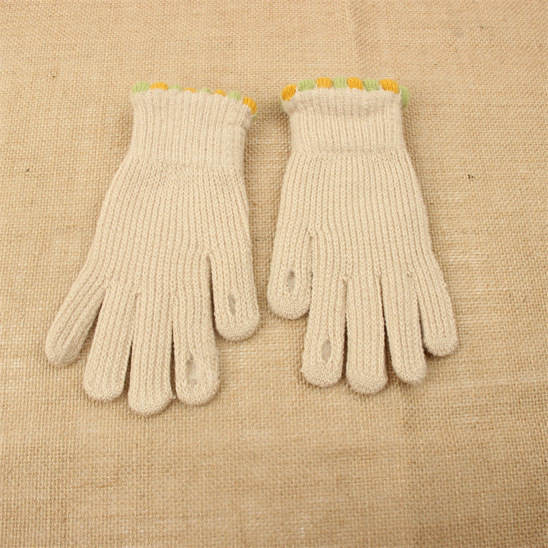 Pom Trim Knitted Touchscreen Gloves - Beige