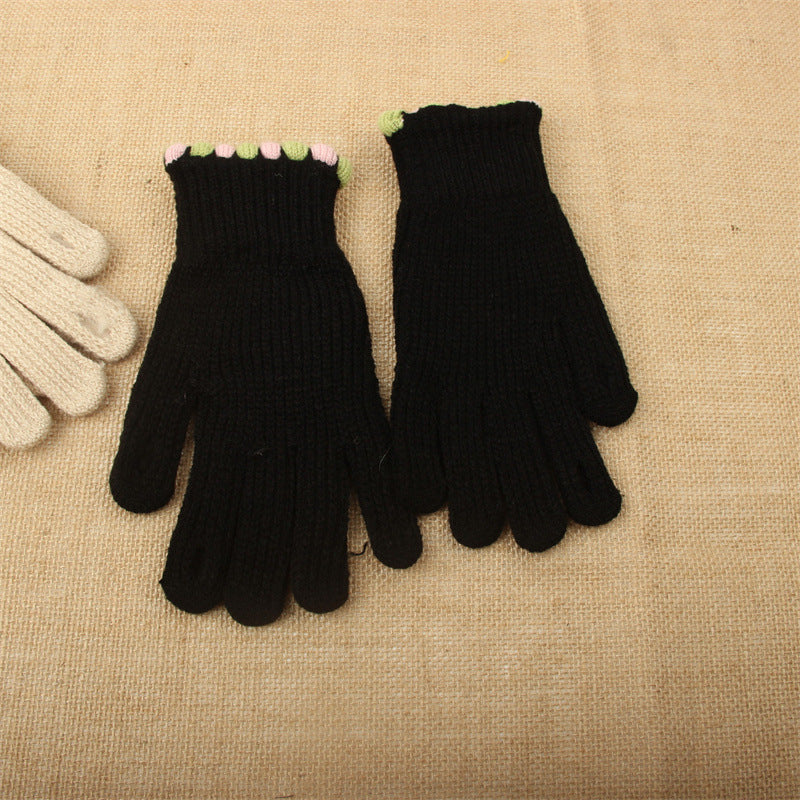 Pom Trim Knitted Touchscreen Gloves - Black